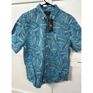 Vineyard Vines Blue and Green Leaf Print Casual Button Down Shirt